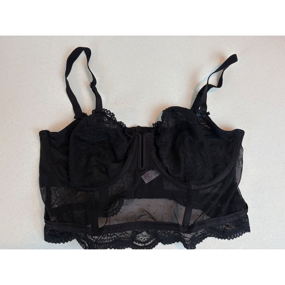 Black Floral Lace Mesh Longline Bustier Underwire Bra Top Large